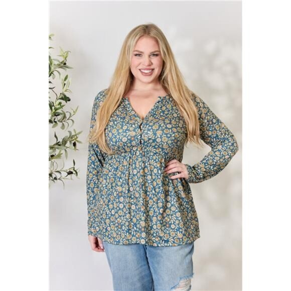 Heimish Full Size Floral Half Button Long Sleeve Blouse - Picture 1 of 10